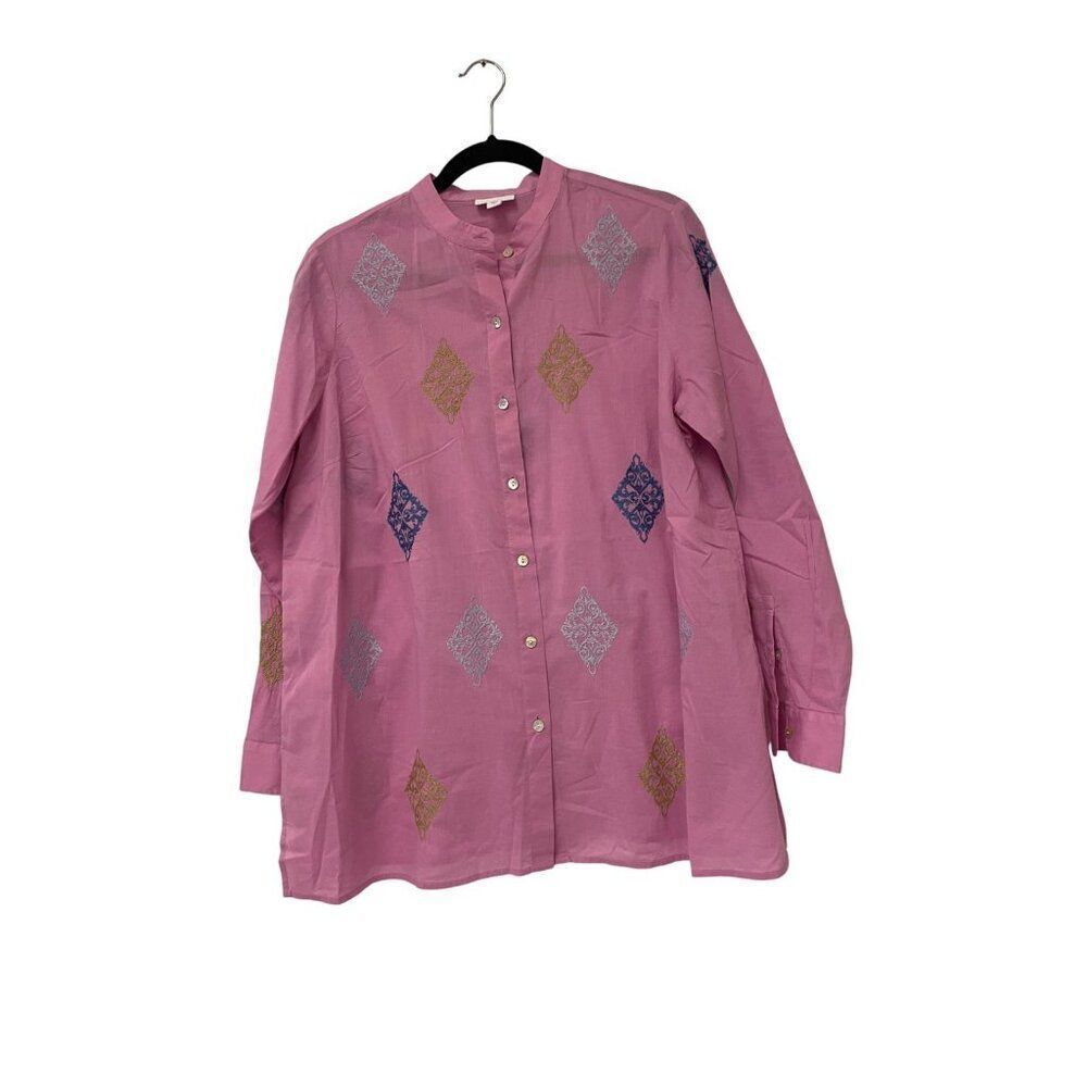 J. Jill Womens Top S Pink Embroidered Button Front Long Sleeve Tunic Boho NWOT